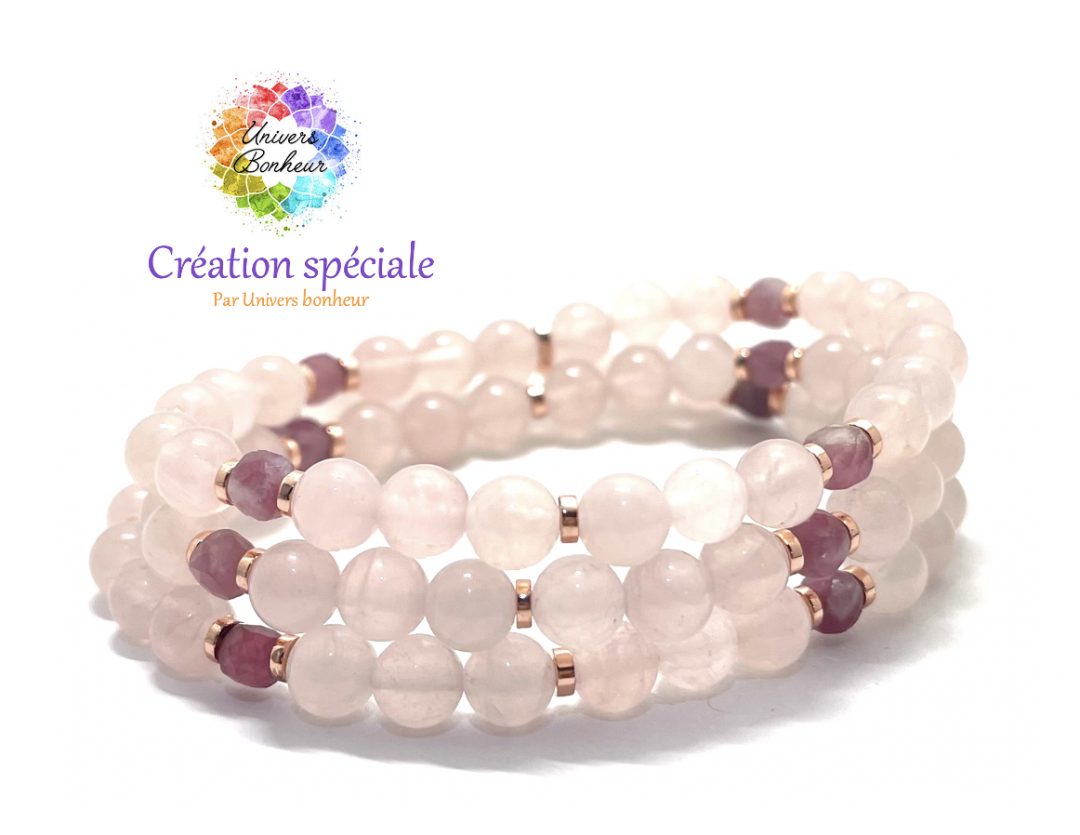 QUARTZ ROSE & TOURMALINE ROSE - CRÉATION SPÉCIALE BRACELET LITHOTHÉRAPIE